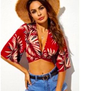 Tropical Print Twist Detail Tie Back Top